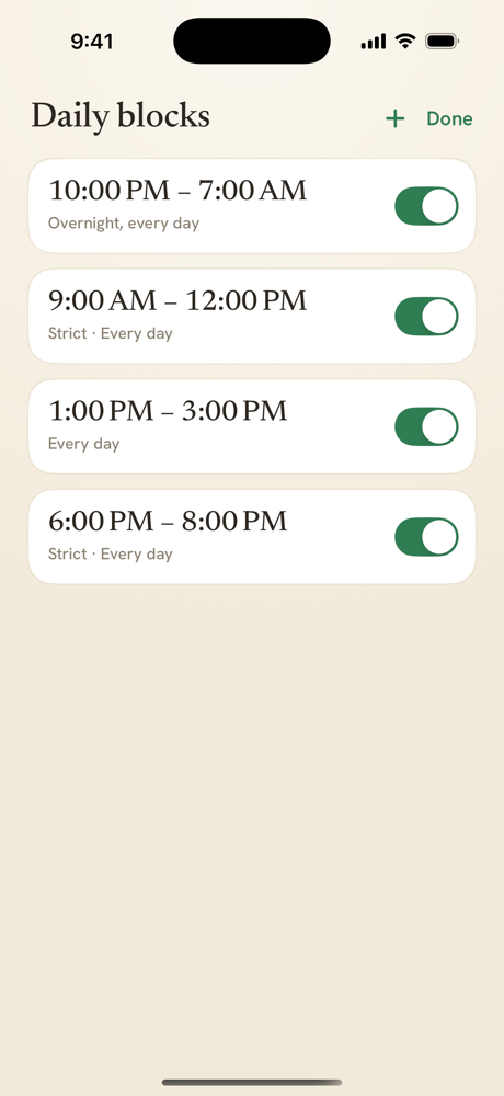 Deadbolt's daily blocks screen with scheduled locks.