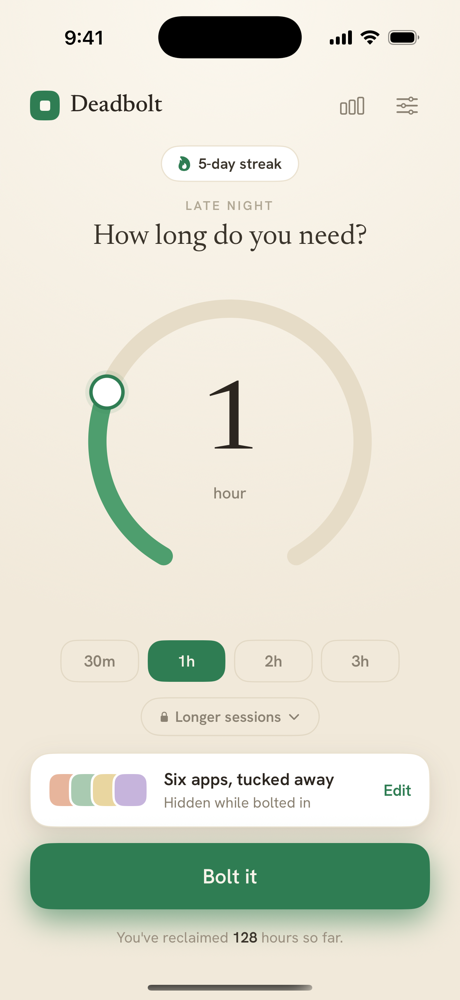 The Deadbolt home screen — a dial set to one hour, ready to bolt.