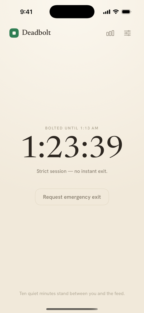 Deadbolt's strict session screen with a countdown.